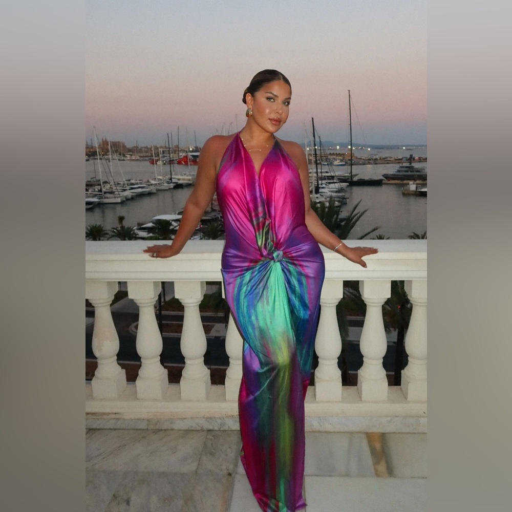 Vibrant Multicolor Satin Halter Maxi Dress
